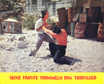 German lobby card for FREEDOM STRIKES A BLOW showing the final fight between Chan Wai-Man and Bolo Yeung, arranged by Jackie Chan
(Watching closely, you can see the choreographer's early inclination to integrate the environment, the set and props into a confrontation!)